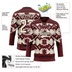 Custom Burgundy Cream-Brown 3D Pattern Tribal Indigenous Grunge Geometric Splash Hockey Lace Neck Jersey
