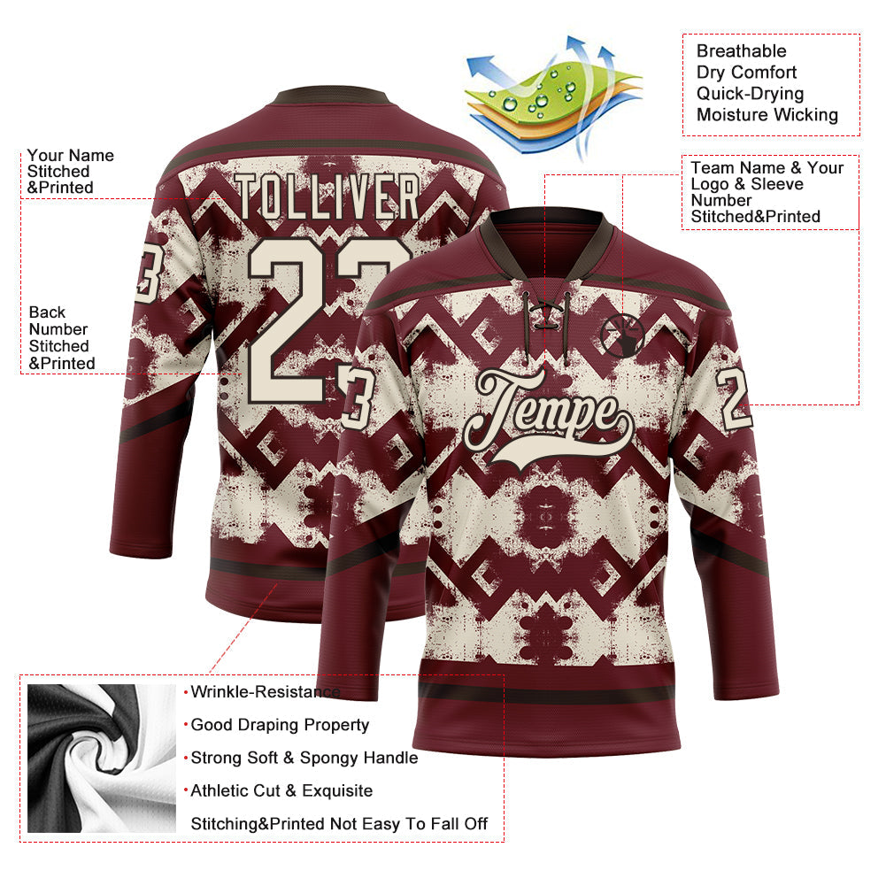 Custom Burgundy Cream-Brown 3D Pattern Tribal Indigenous Grunge Geometric Splash Hockey Lace Neck Jersey