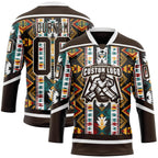 Custom Brown Yellow Green Red-Cream 3D Pattern Tribal Indigenous Grunge Geometric Splash Hockey Lace Neck Jersey