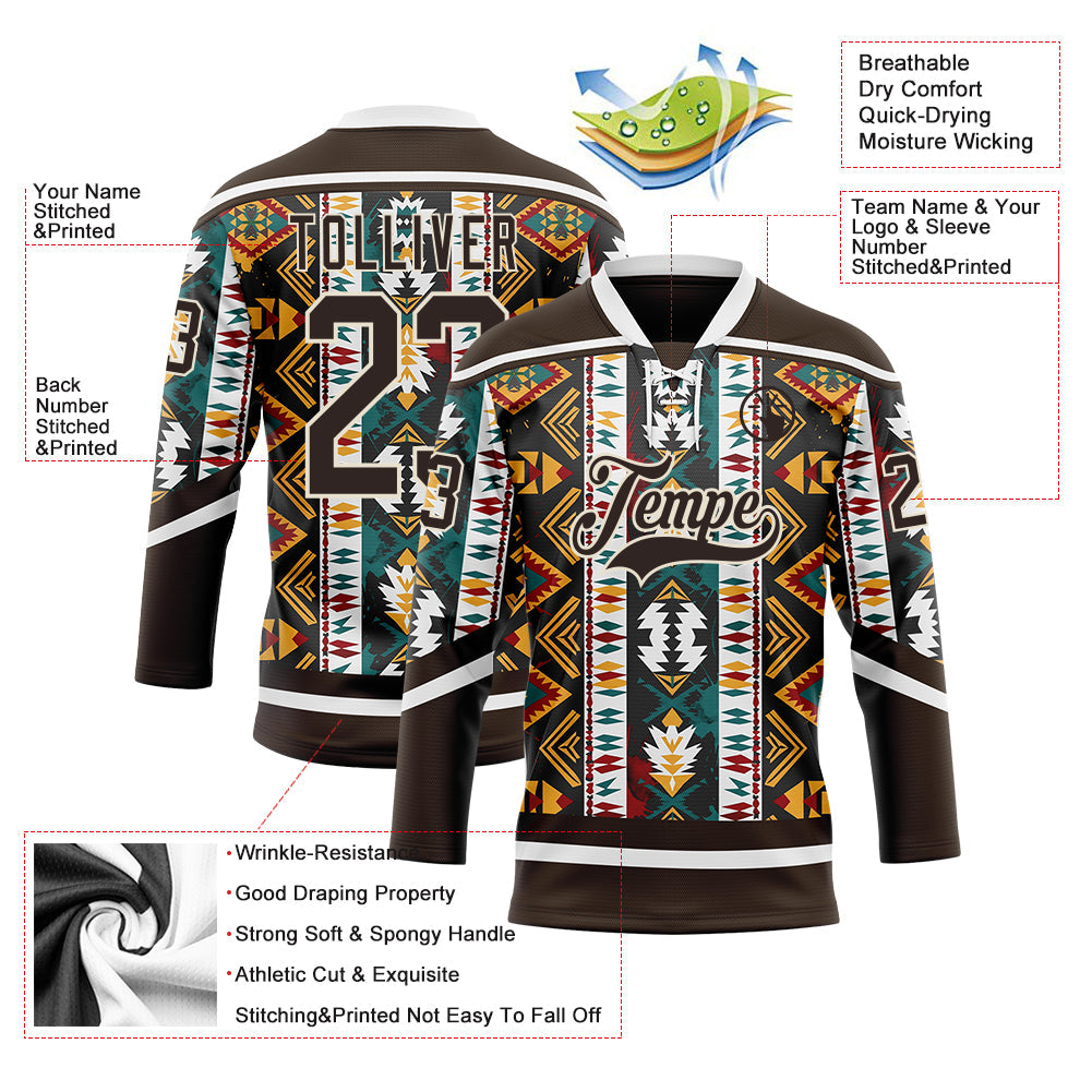 Custom Brown Yellow Green Red-Cream 3D Pattern Tribal Indigenous Grunge Geometric Splash Hockey Lace Neck Jersey