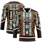 Custom Brown Yellow Green Red-Cream 3D Pattern Tribal Indigenous Grunge Geometric Splash Hockey Lace Neck Jersey