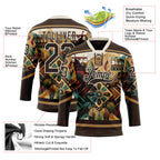 Custom Brown Old Gold-Cream 3D Pattern Tribal Indigenous Grunge Geometric Splash Hockey Lace Neck Jersey