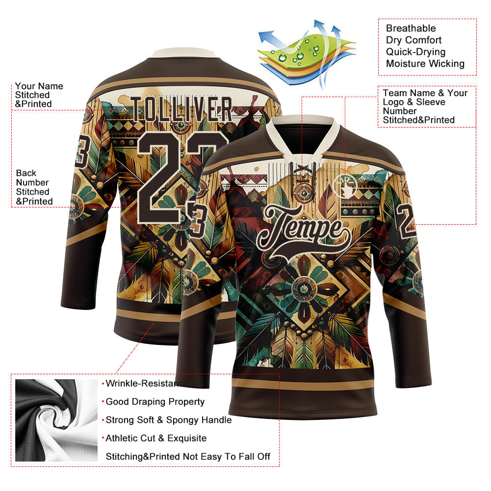 Custom Brown Old Gold-Cream 3D Pattern Tribal Indigenous Grunge Geometric Splash Hockey Lace Neck Jersey