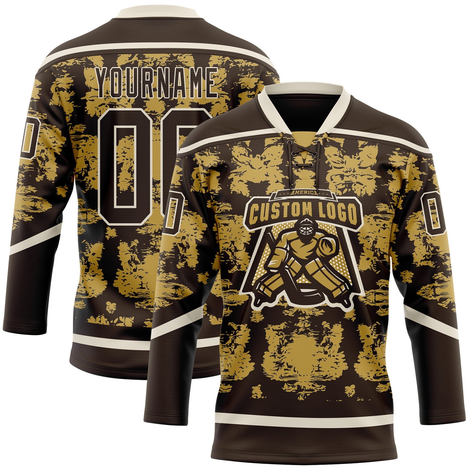 Custom Brown Old Gold-Cream 3D Pattern Tribal Indigenous Grunge Splash Hockey Lace Neck Jersey