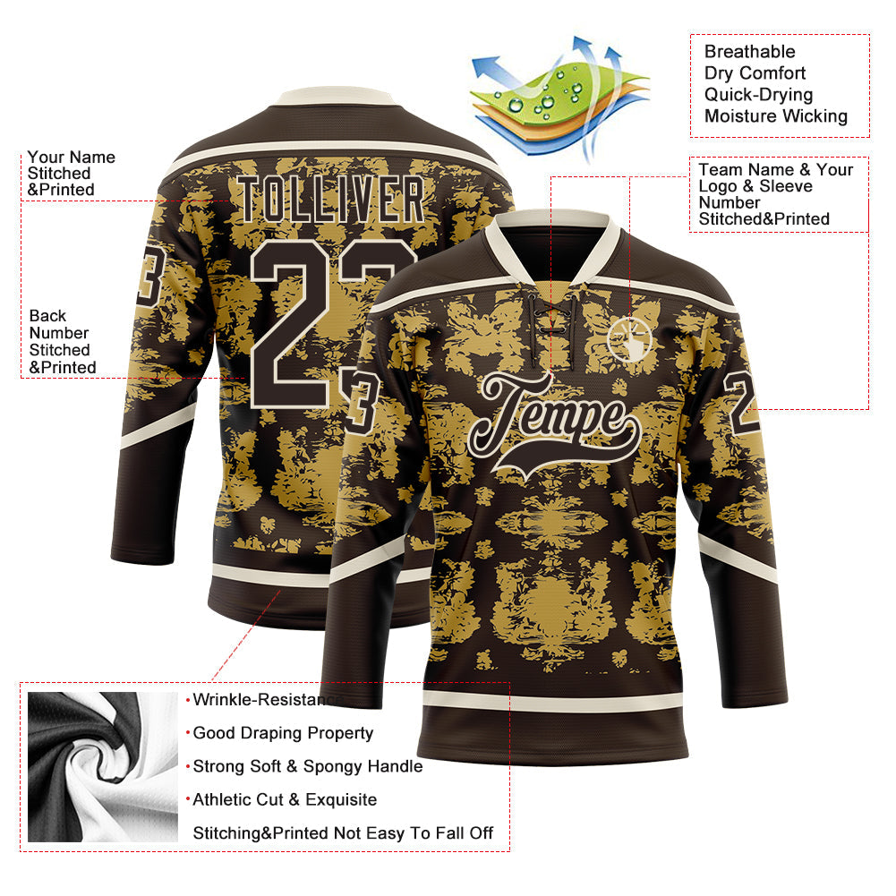 Custom Brown Old Gold-Cream 3D Pattern Tribal Indigenous Grunge Splash Hockey Lace Neck Jersey