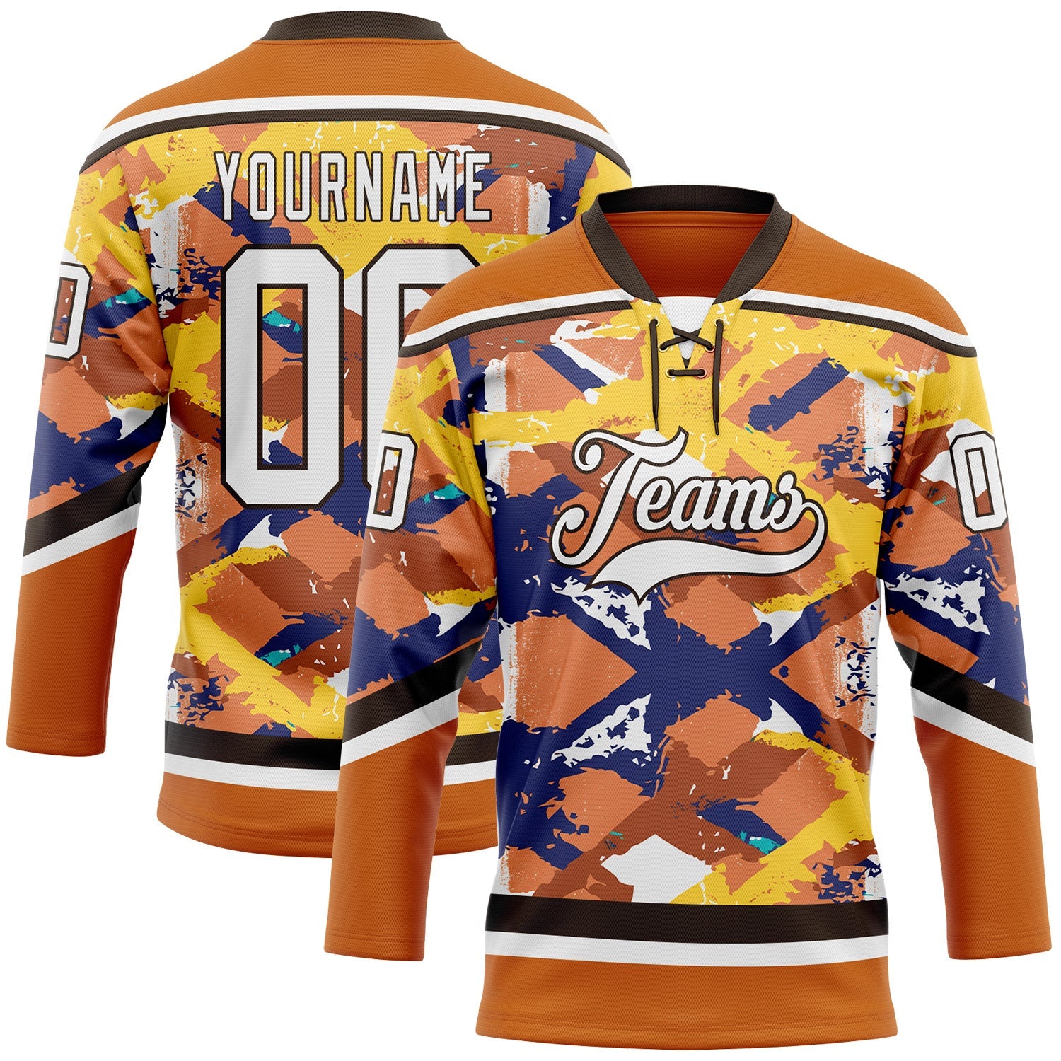Custom Texas Orange White Yellow Blue-Brown 3D Pattern Tribal Indigenous Grunge Splash Hockey Lace Neck Jersey