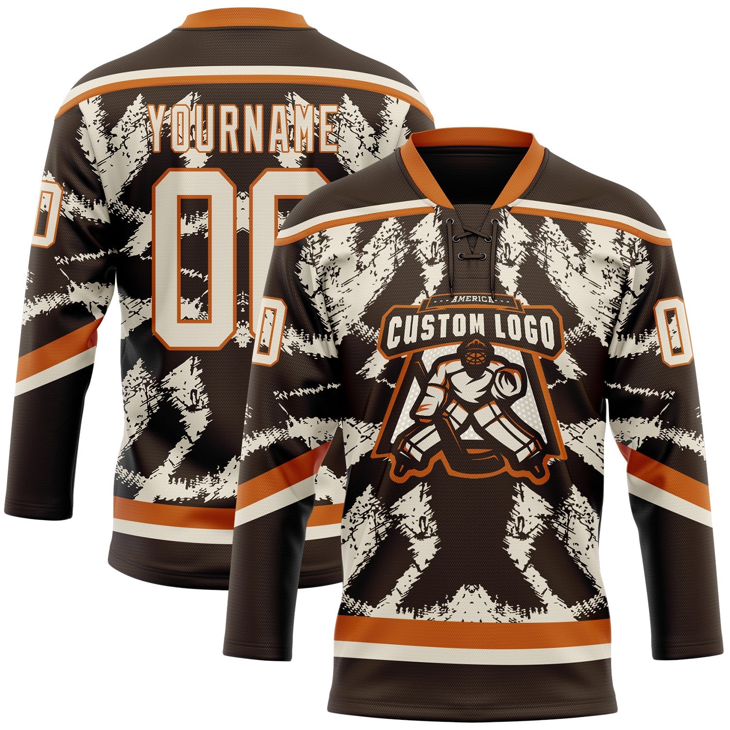 Custom Brown Cream-Texas Orange 3D Pattern Tribal Indigenous Grunge Splash Hockey Lace Neck Jersey