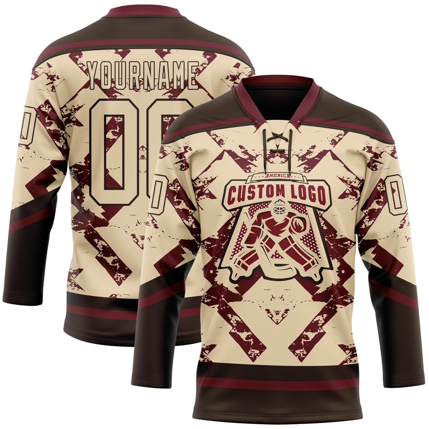 Custom City Cream Burgundy-Brown 3D Pattern Tribal Indigenous Grunge Splash Hockey Lace Neck Jersey
