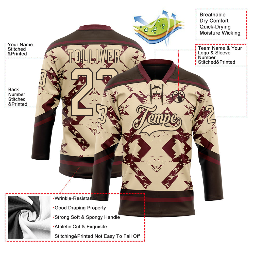 Custom City Cream Burgundy-Brown 3D Pattern Tribal Indigenous Grunge Splash Hockey Lace Neck Jersey