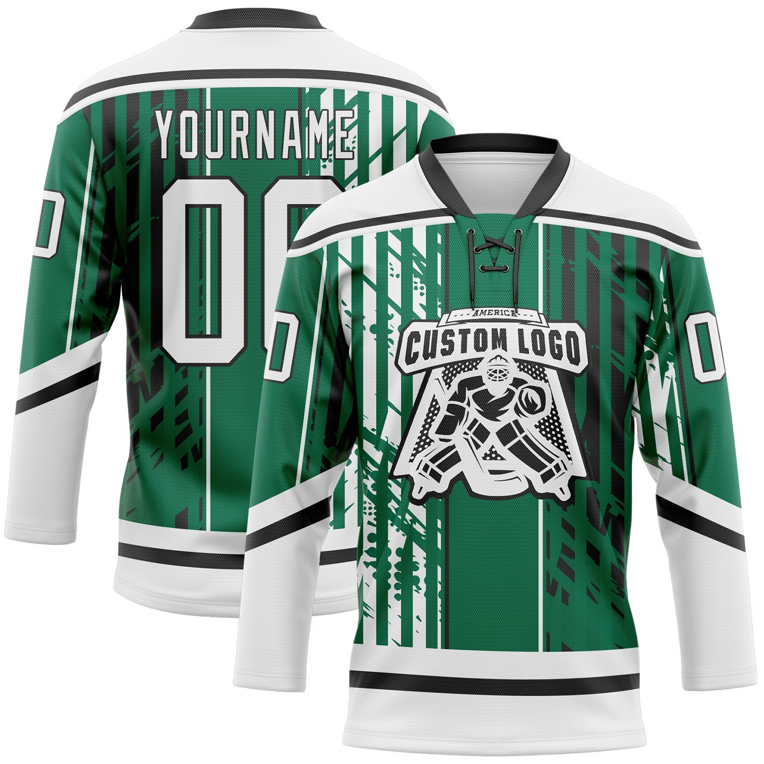 Custom Kelly Green White-Black 3D Pattern Abstract Dallas Inspired Grunge Stripe Hockey Lace Neck Jersey