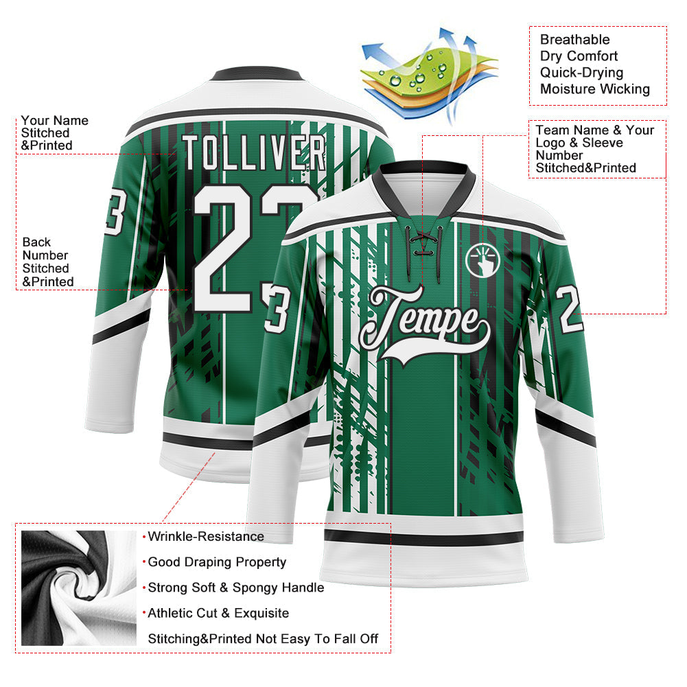 Custom Kelly Green White-Black 3D Pattern Abstract Dallas Inspired Grunge Stripe Hockey Lace Neck Jersey