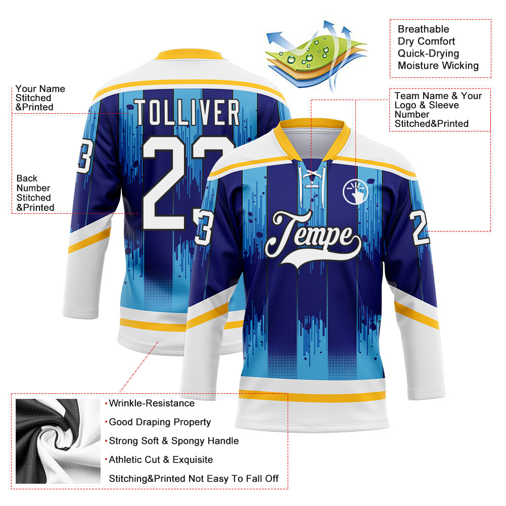 Custom White Blue Gold-Black 3D Pattern Abstract Buffalo Inspired Stripe Hockey Lace Neck Jersey