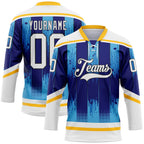 Custom White Blue Gold-Black 3D Pattern Abstract Buffalo Inspired Stripe Hockey Lace Neck Jersey