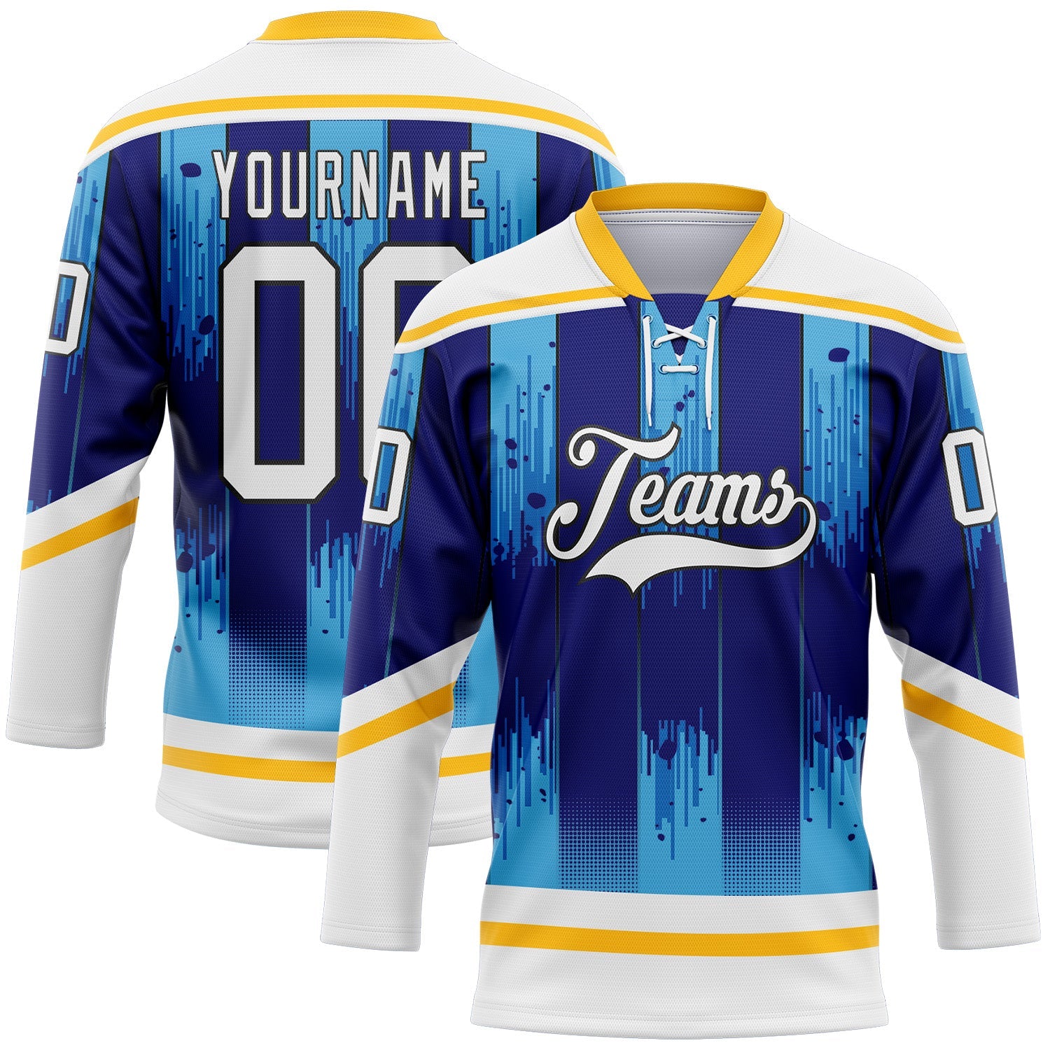 Custom White Blue Gold-Black 3D Pattern Abstract Buffalo Inspired Stripe Hockey Lace Neck Jersey