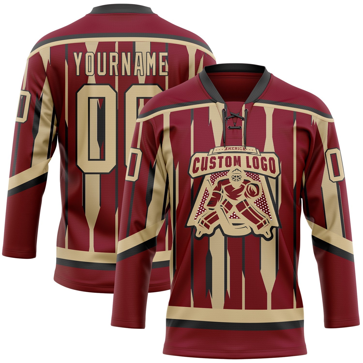 Custom Crimson Vegas Gold-Black 3D Pattern Abstract Arizona Inspired Stripe Hockey Lace Neck Jersey