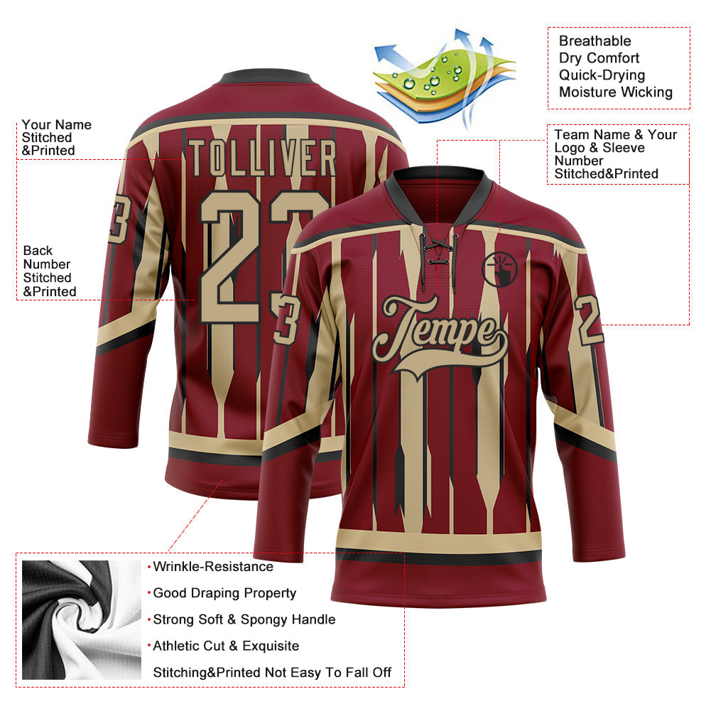 Custom Crimson Vegas Gold-Black 3D Pattern Abstract Arizona Inspired Stripe Hockey Lace Neck Jersey