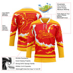 Custom Fire Red Gold-White 3D Pattern Abstract Calgary Inspired Flame Hockey Lace Neck Jersey