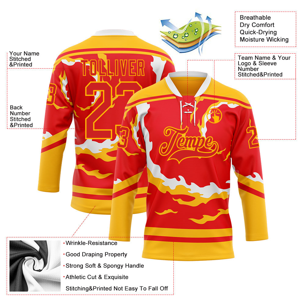 Custom Fire Red Gold-White 3D Pattern Abstract Calgary Inspired Flame Hockey Lace Neck Jersey