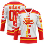 Custom White Fire Red-Gold 3D Pattern Abstract Calgary Inspired Grunge Stripe Hockey Lace Neck Jersey