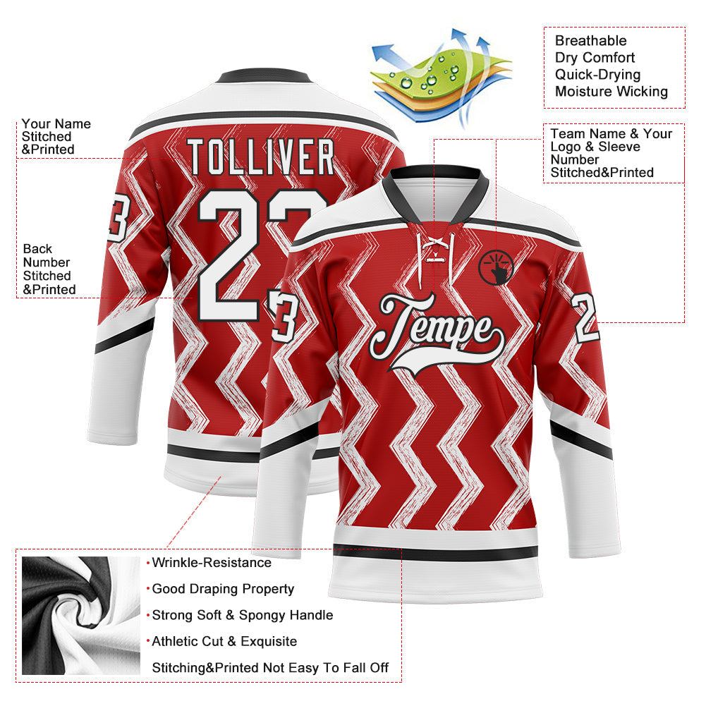 Custom Red White-Black 3D Pattern Abstract Chicago Inspired Zigzag Hockey Lace Neck Jersey