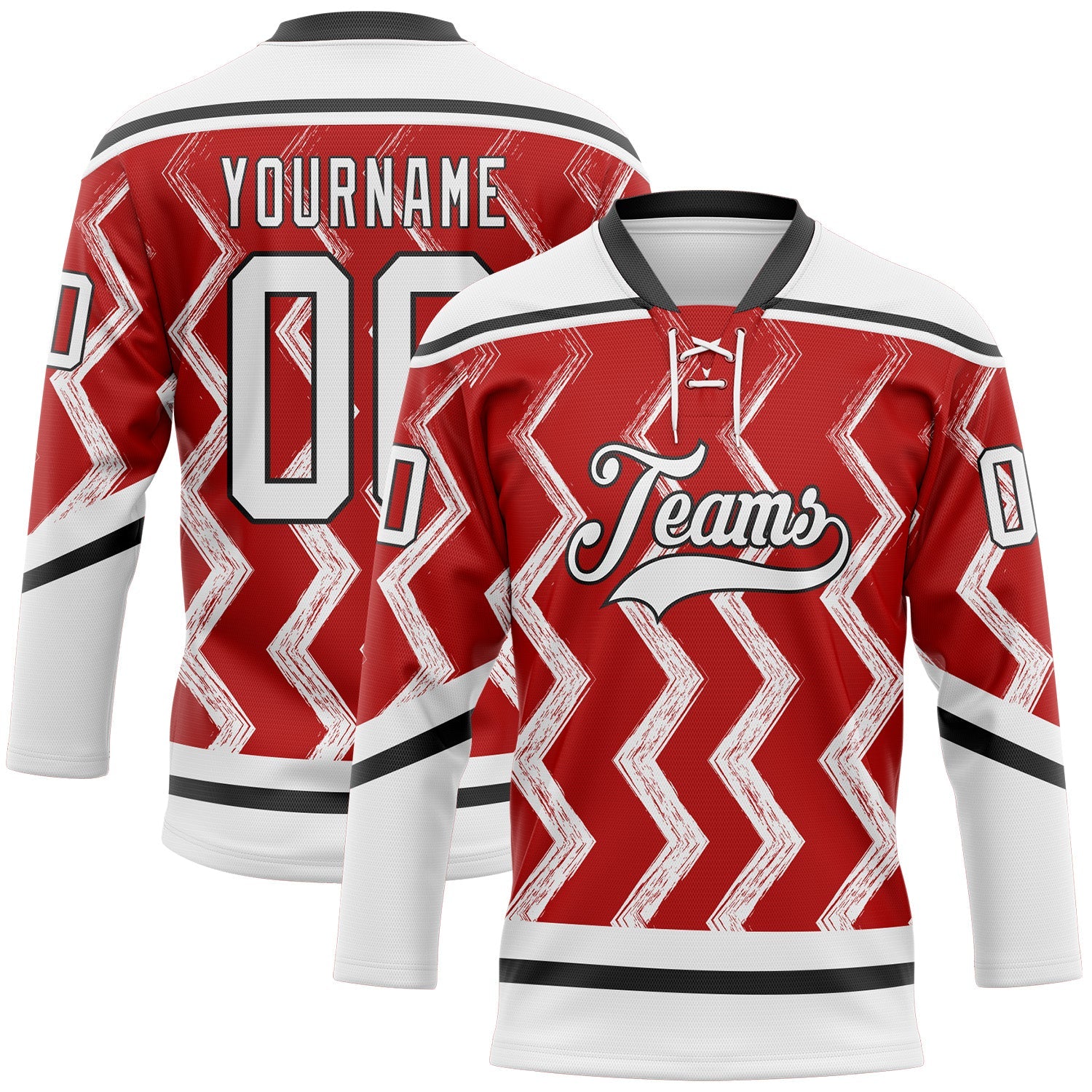 Custom Red White-Black 3D Pattern Abstract Chicago Inspired Zigzag Hockey Lace Neck Jersey