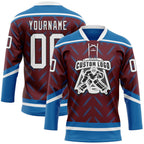 Custom Burgundy White Blue-Black 3D Pattern Abstract Colorado Inspired Line Hockey Lace Neck Jersey