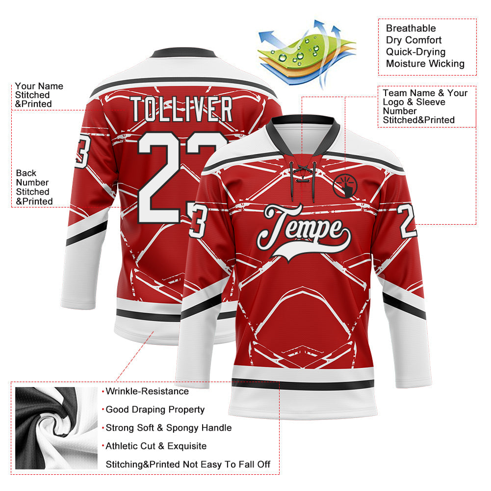 Custom Red White-Black 3D Pattern Abstract Detroit Inspired Line Hockey Lace Neck Jersey
