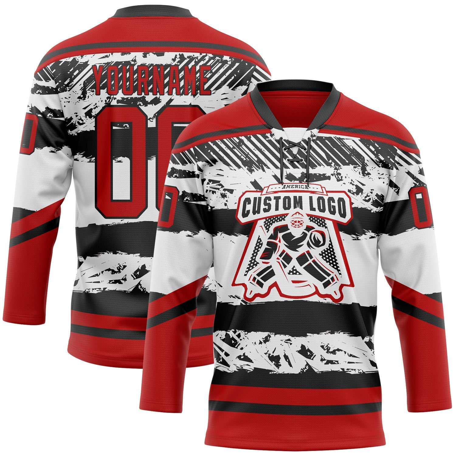 Custom White Red-Black 3D Pattern Abstract Detroit Inspired Line Hockey Lace Neck Jersey