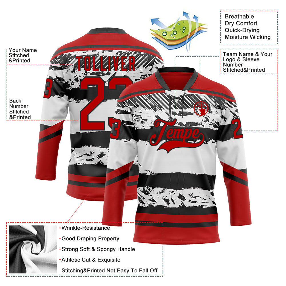 Custom White Red-Black 3D Pattern Abstract Detroit Inspired Line Hockey Lace Neck Jersey
