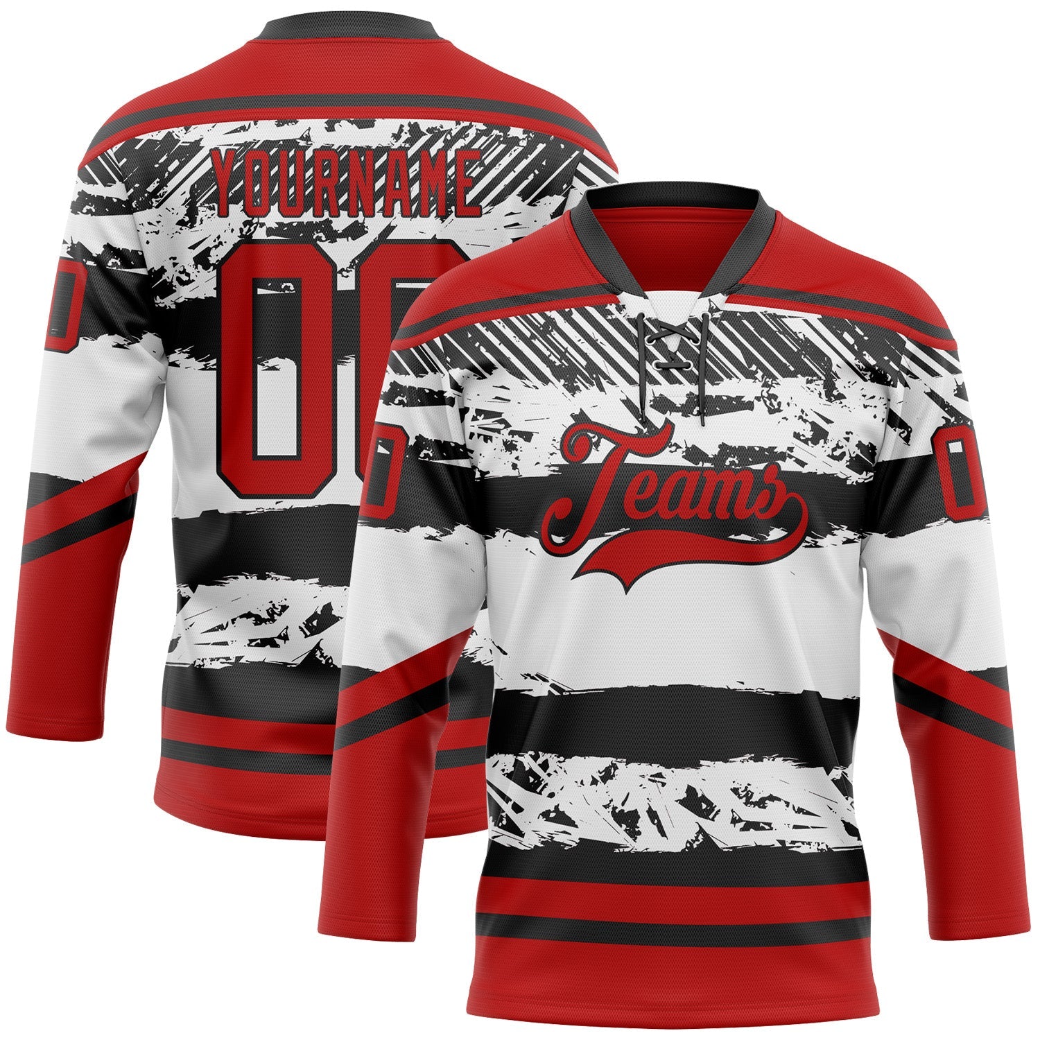 Custom White Red-Black 3D Pattern Abstract Detroit Inspired Line Hockey Lace Neck Jersey