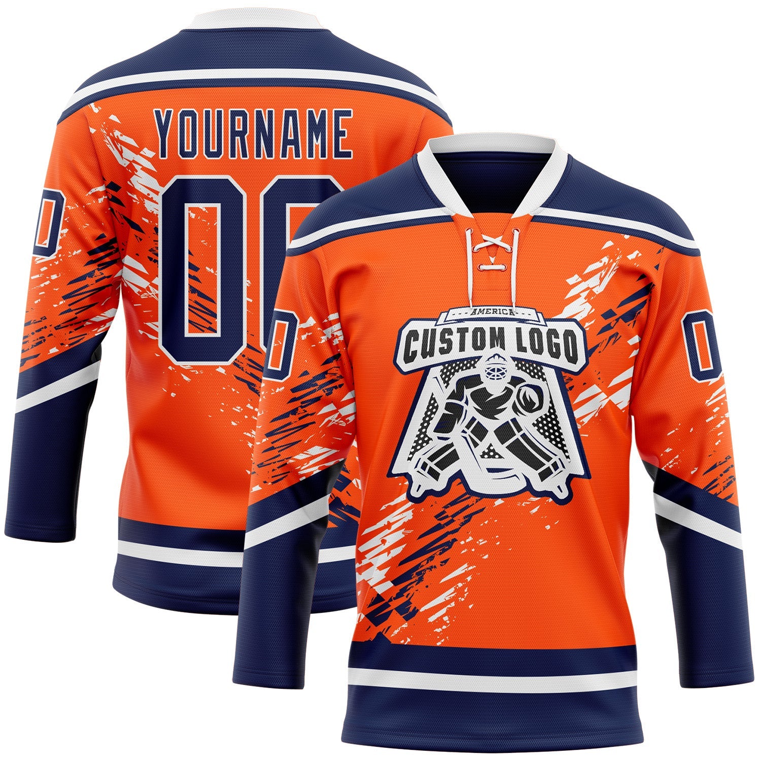 Custom Orange Navy-White 3D Pattern Abstract Edmonton Inspired Splash Hockey Lace Neck Jersey