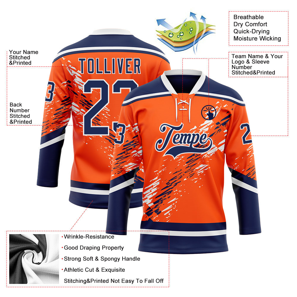 Custom Orange Navy-White 3D Pattern Abstract Edmonton Inspired Splash Hockey Lace Neck Jersey