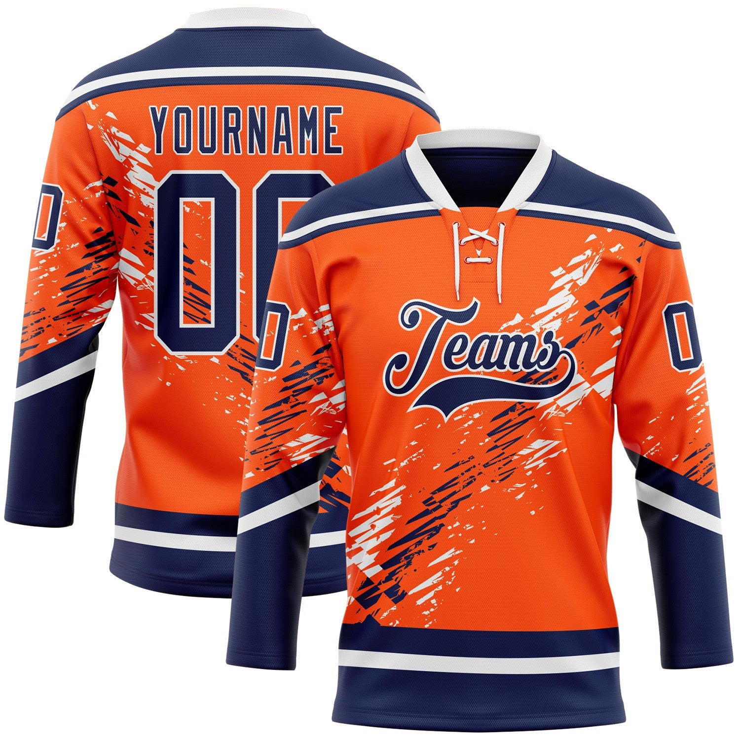 Custom Orange Navy-White 3D Pattern Abstract Edmonton Inspired Splash Hockey Lace Neck Jersey