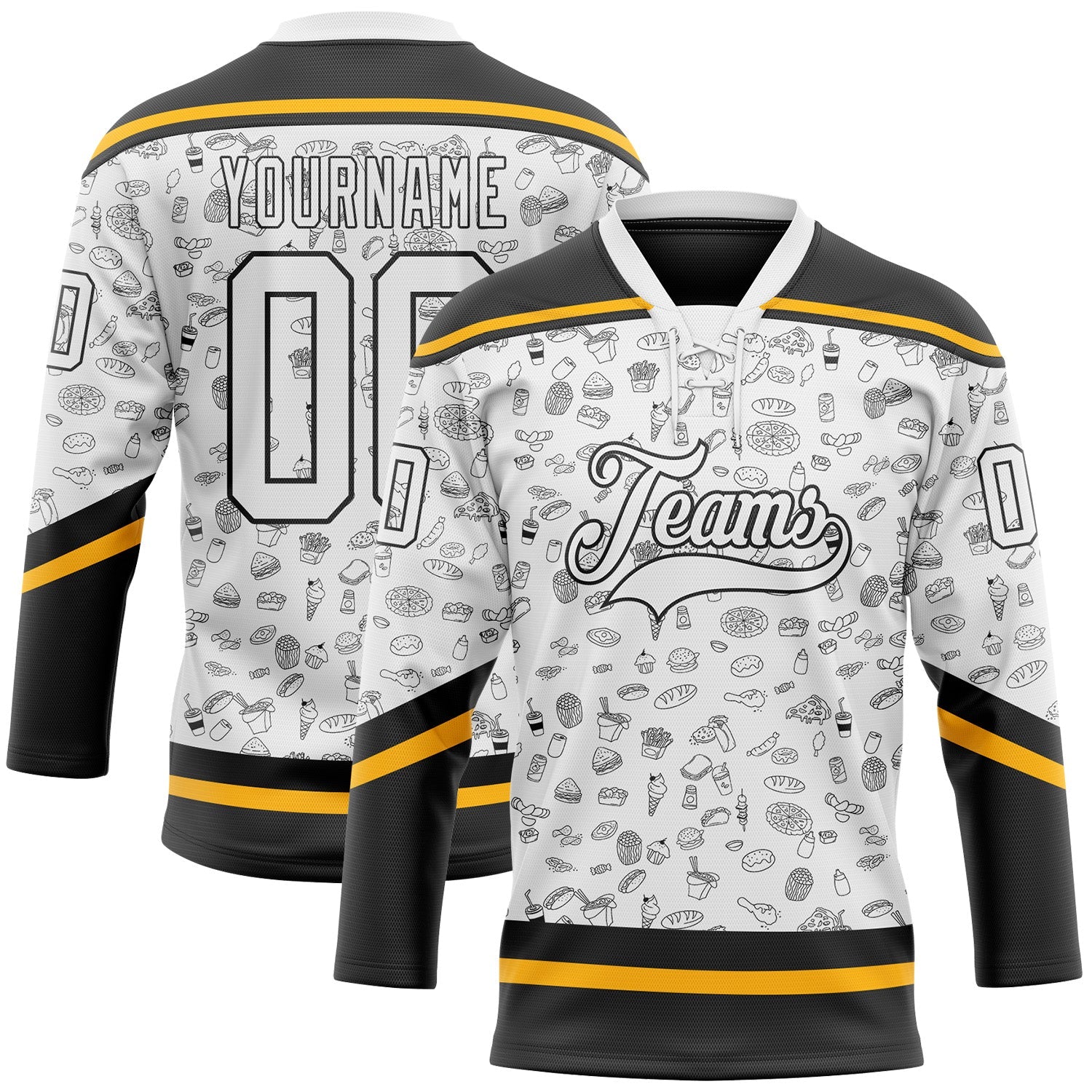 Custom White Black-Gold 3D Pattern Foodie Fast Food Hockey Lace Neck Jersey