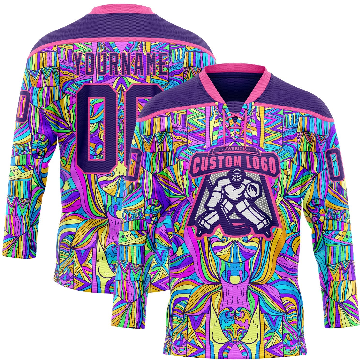 Custom Purple Pink-Yellow 3D Pattern Trippy Psychedelic Hockey Lace Neck Jersey