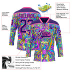 Custom Purple Pink-Yellow 3D Pattern Trippy Psychedelic Hockey Lace Neck Jersey