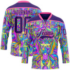 Custom Purple Pink-Yellow 3D Pattern Trippy Psychedelic Hockey Lace Neck Jersey