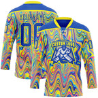 Custom Yellow Thunder Blue Pink-Light Yellow 3D Pattern Trippy Psychedelic Fluid Hockey Lace Neck Jersey