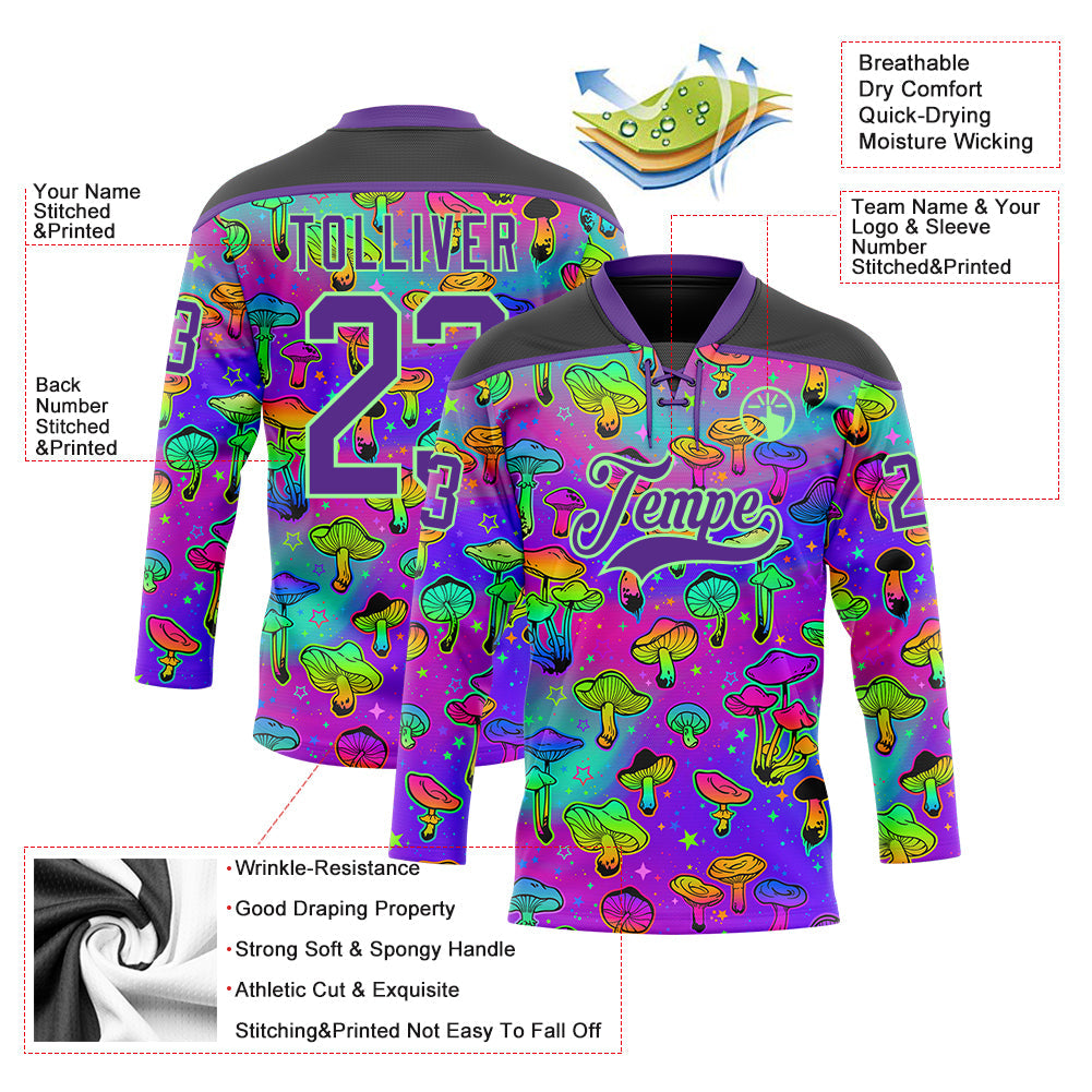 Custom Purple Pea Green-Black 3D Pattern Trippy Psychedelic Magic Mushrooms Hockey Lace Neck Jersey