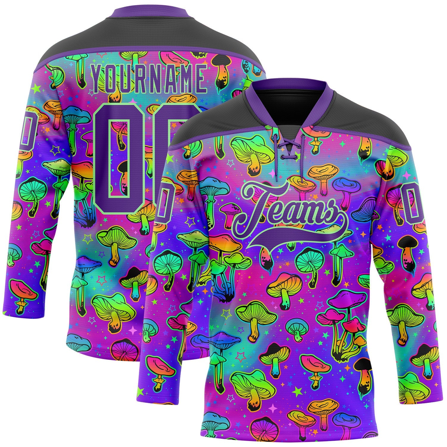Custom Purple Pea Green-Black 3D Pattern Trippy Psychedelic Magic Mushrooms Hockey Lace Neck Jersey