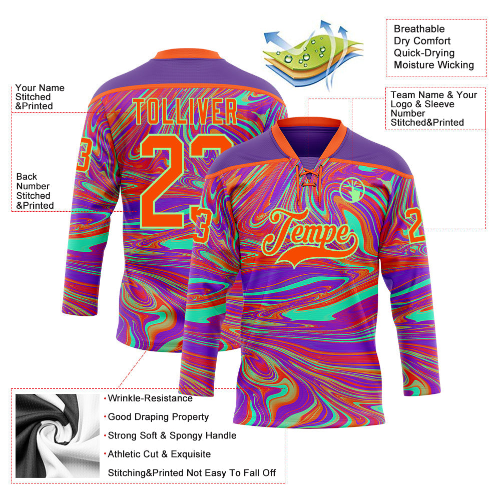 Custom Purple Orange-Pea Green 3D Pattern Trippy Psychedelic Fluid Hockey Lace Neck Jersey