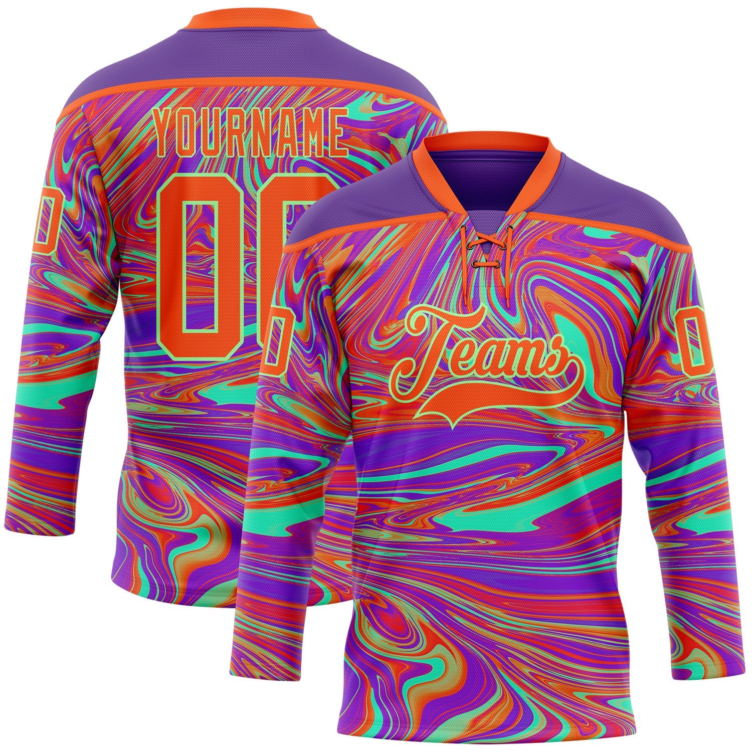 Custom Purple Orange-Pea Green 3D Pattern Trippy Psychedelic Fluid Hockey Lace Neck Jersey