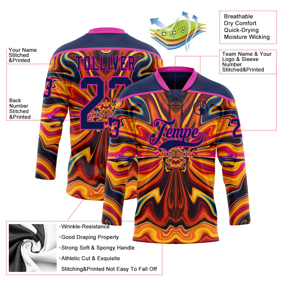 Custom Navy Yellow-Deep Pink 3D Pattern Trippy Psychedelic Fluid Hockey Lace Neck Jersey