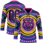 Custom Navy Purple Yellow-Deep Pink 3D Pattern Trippy Psychedelic Hockey Lace Neck Jersey