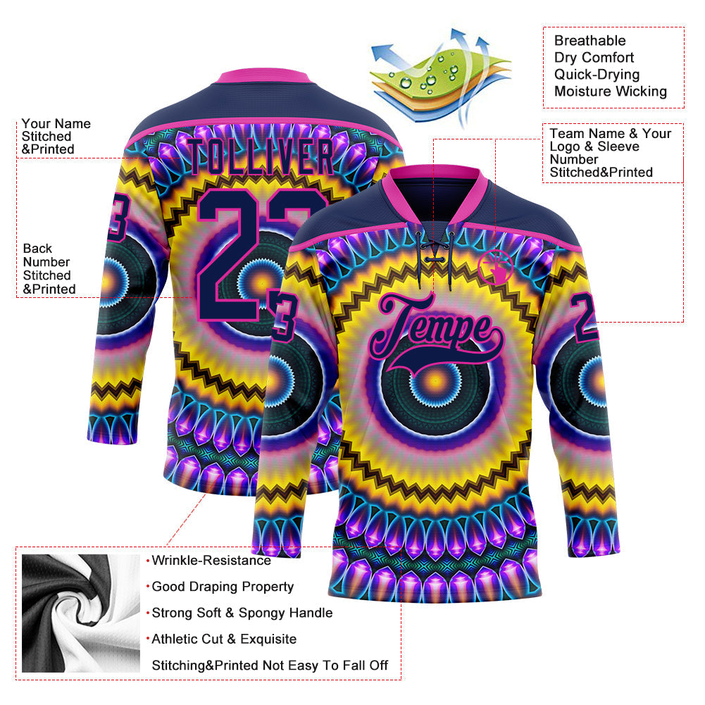 Custom Navy Purple Yellow-Deep Pink 3D Pattern Trippy Psychedelic Hockey Lace Neck Jersey