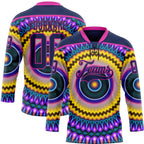 Custom Navy Purple Yellow-Deep Pink 3D Pattern Trippy Psychedelic Hockey Lace Neck Jersey