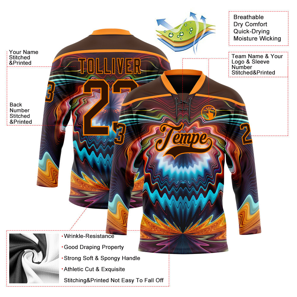 Custom Brown Bay Orange Red-Blue 3D Pattern Trippy Psychedelic Fluid Hockey Lace Neck Jersey