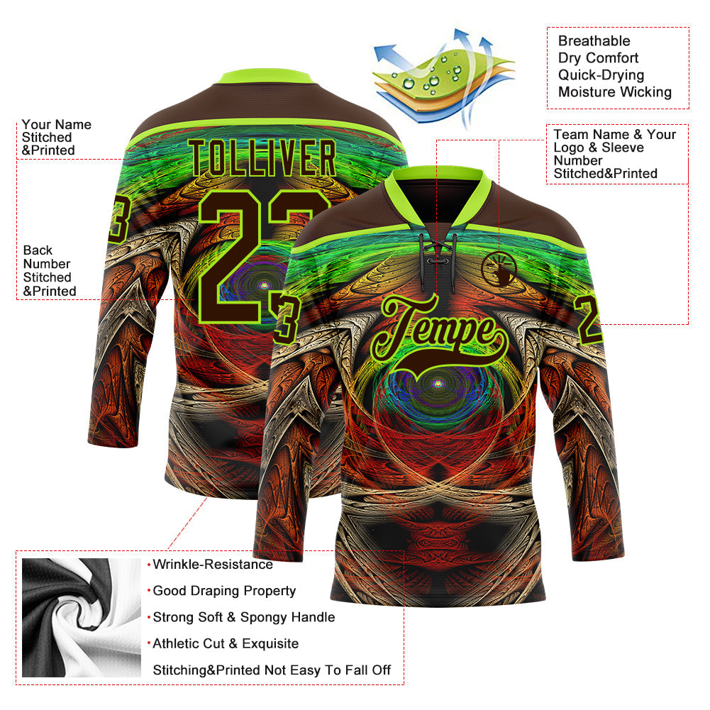 Custom Brown Neon Green Red-Blue 3D Pattern Trippy Psychedelic Hockey Lace Neck Jersey