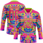 Custom Hot Pink Neon Green Yellow-Blue 3D Pattern Trippy Psychedelic Neon Hockey Lace Neck Jersey