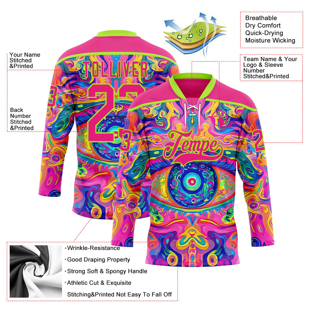 Custom Hot Pink Neon Green Yellow-Blue 3D Pattern Trippy Psychedelic Neon Hockey Lace Neck Jersey